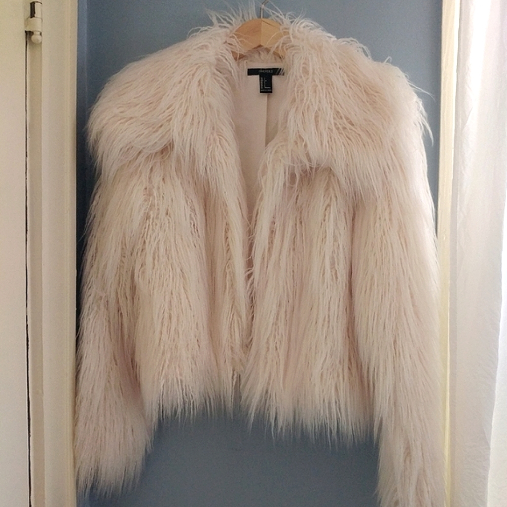Moonlight Faux Fur Statement Jacket, Large Collar, Creamy Ivory, S